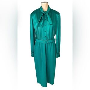 HENRY LEE 70’s Emerald Green Mixed Media Satin Wool P* Bow LS Midi Dress Sz 16